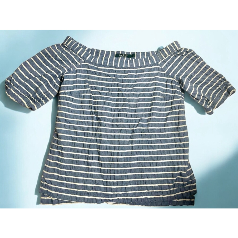 Petite Small Cotton Linen Lauren Ralph Lauren off shoulder Blue White Stripe top